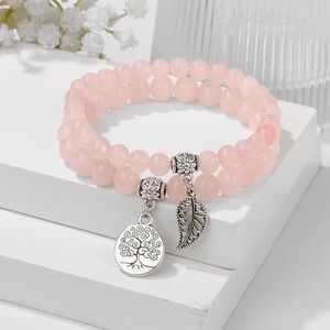 🆕New Rose Quartz Tree of Life & Leaf Charm Gemstone Bracelet Set